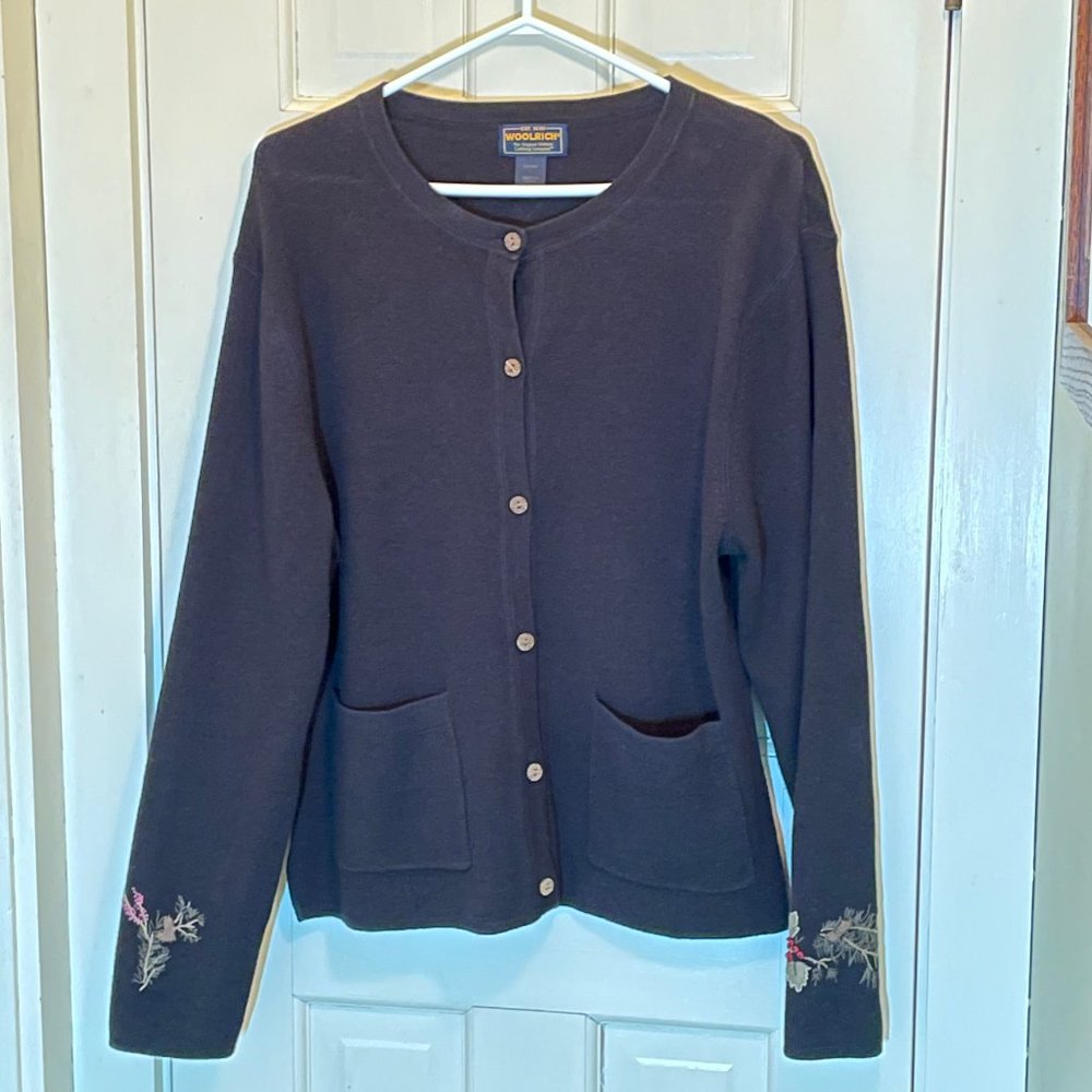Woolrich Women's Cardigan Sweater (Black, L) With Festive Stitching